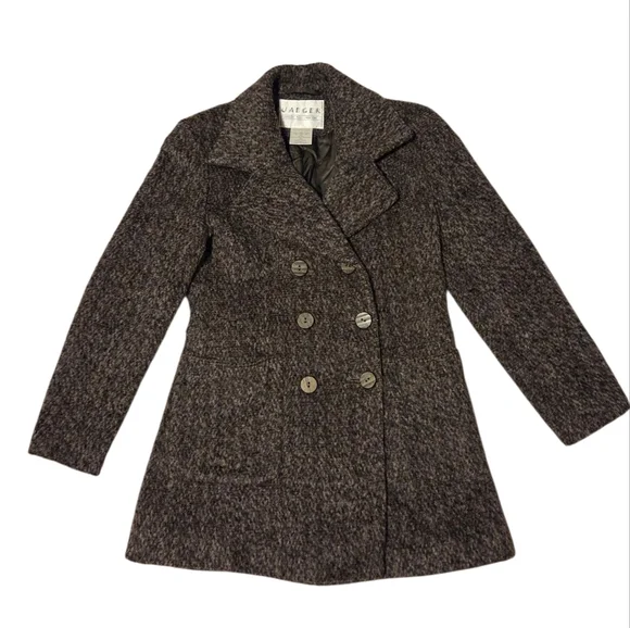 Jaeger Vintage Wool Double Breasted Tweed Pea Coat Gray Women's 6 Wooden Buttons
